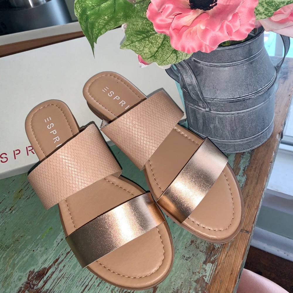 Rose gold and tan, slip on sandals